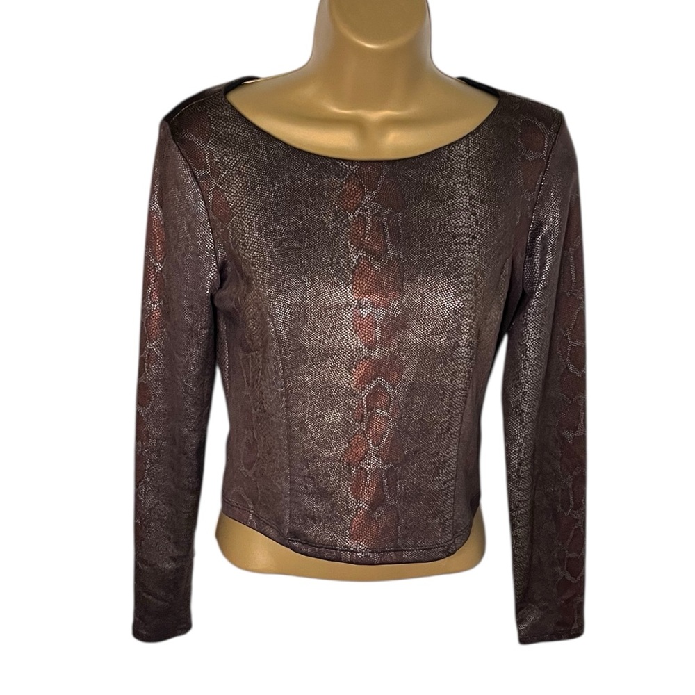 Vintage Y2K Bebe Metallic Snakeskin Print Top Long Sleeve Cropped Bronze S